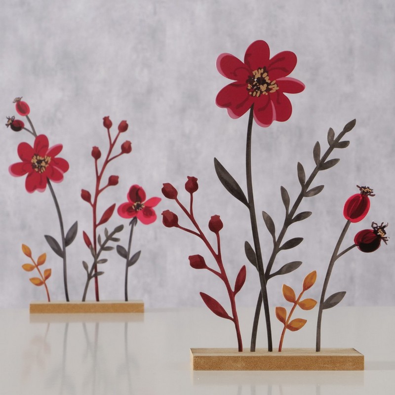 Fiori di rosa canina decorativa in metallo con base in legno in 2 varianti assortite, perfetta come decoro autunnale